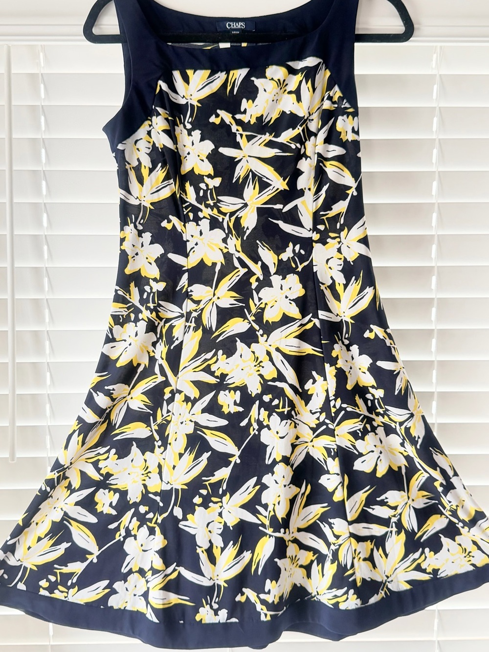 Chaps Navy Floral Fit-and-Flare Dress with Yellow and White Print